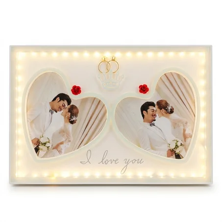 إطار صور مضيء LED بقلبين – ديكور رومانسي للزوجين (I love you)