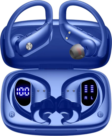bmani Wireless Earbuds Bluetooth Headphones 48hrs Play Back Sport Earphones with LED Display Over-Ear Buds with Earhooks Built-in Mic Headset for Workout Blue