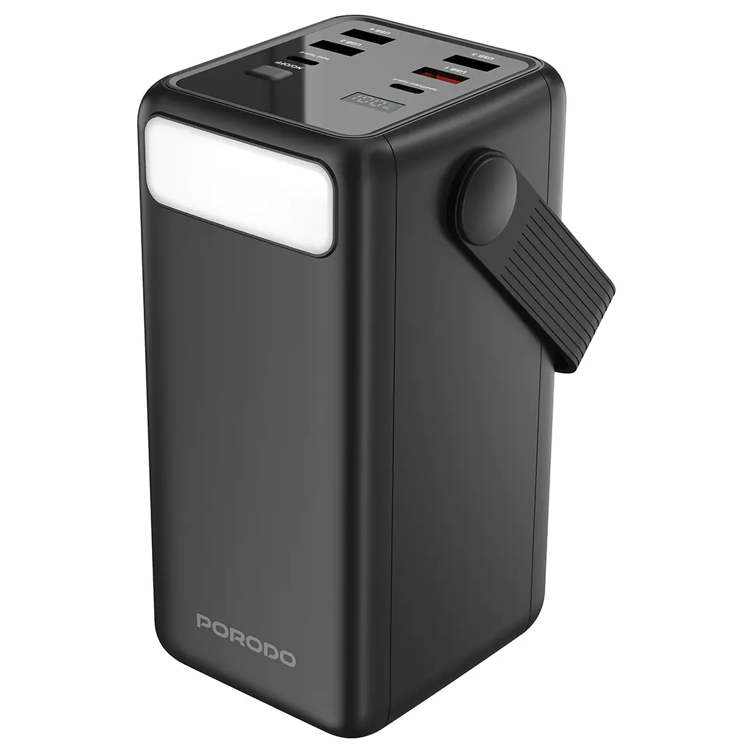 باور بانك Porodo 50000mAh - مصدر طاقة محمول متكامل مع كابلات وضوء يدوي