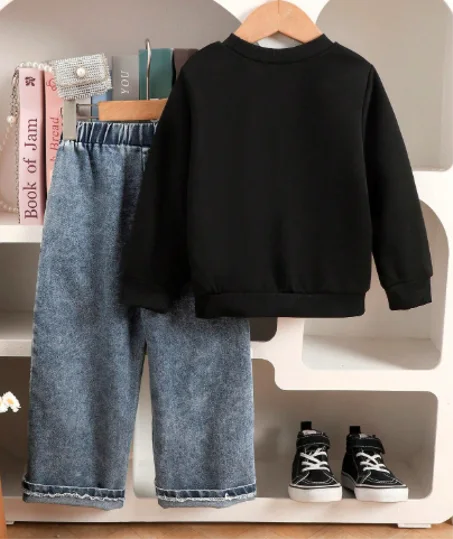 Girls’ Butterfly Embroidered Sweatshirt & Denim Pants Set