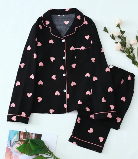 Allover Heart Print Long Sleeve Pajama Set