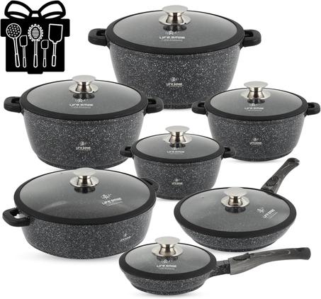 مجموعة أواني الطهي LIFE SMILE - طقم 29 قطعة من الأواني والمقالي طلاء الجرانيت غير اللاصق خال من حمض بيرفلورو الأوكتانويك (PFOA) ، مجموعة طهي ذات قاعدة حثية آمنة للفرن تشمل الأوعية المقاومة لل