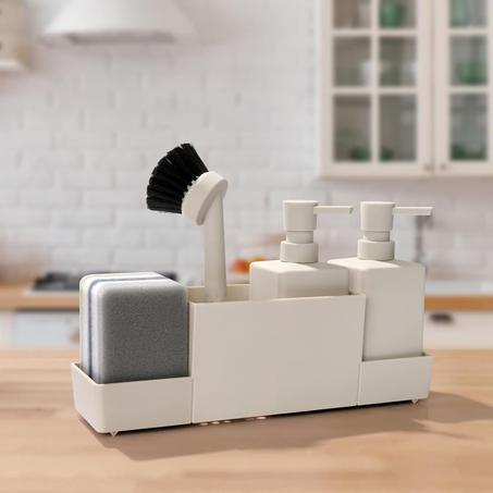 موزع صابون مطبخ Wawasia 4 في 1 مع مجموعة حامل إسفنج ، وصابون اليدين وموزع صابون الأطباق للمطبخ ، أدوات مطبخ مفيدة (بيج)