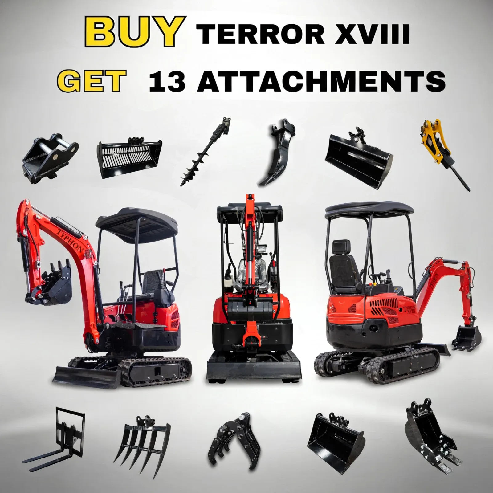 TYPHON Terror XVIII 4000lbs Mini Excavator Kubota D902 Boom Swing 13 Attachments