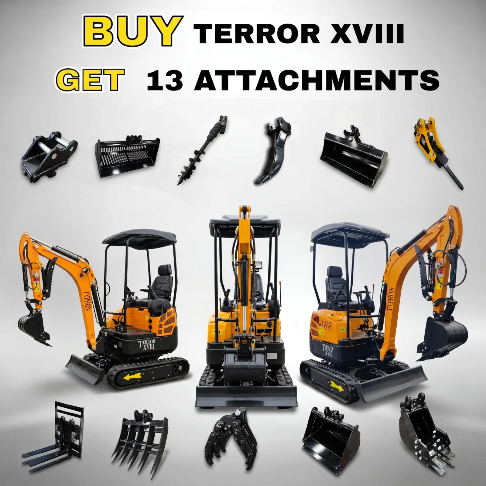 TERROR XVIII 4000lb Mini Excavator 13 Attachment Kubota Boom Swing Pilot Control