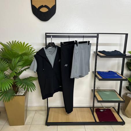 Pack 4 pieces Gilet Noir  T-shirt Plus Pontalon Noir Et Short Enji Sportswear Tech Fleece Gris