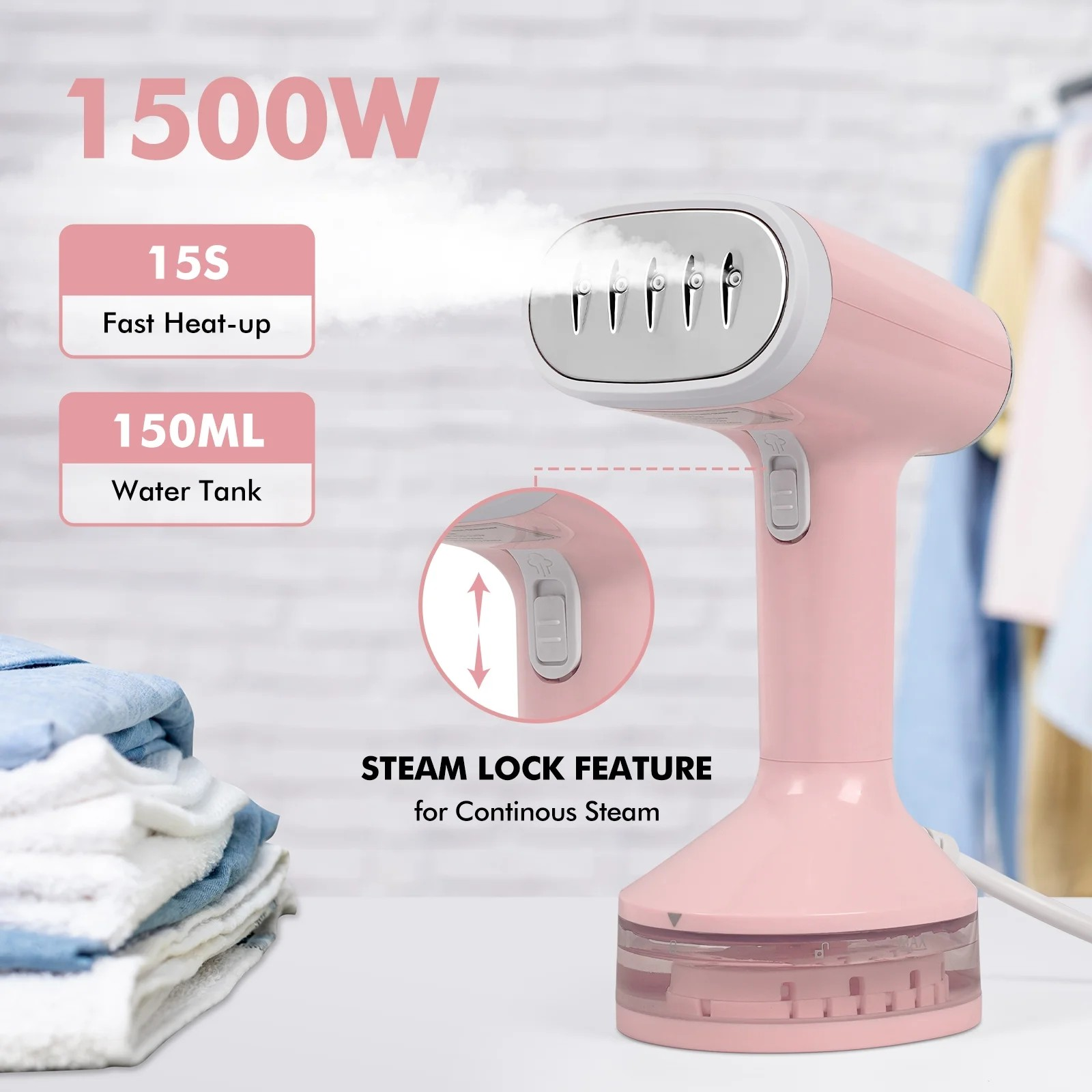 مكواة بخار ملابس محمولة - Portable Garment Steam Iron (Pink)