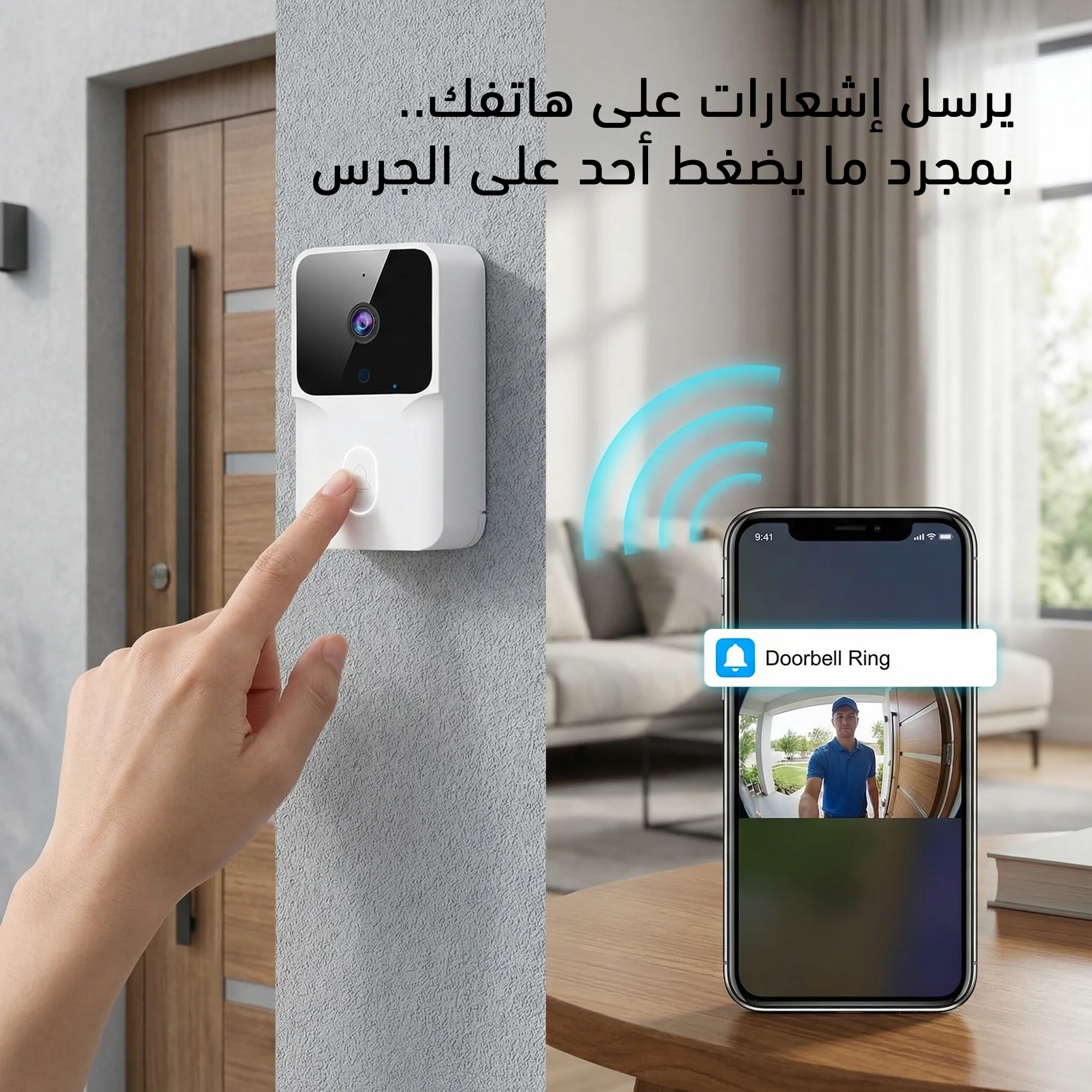 جرس باب بكاميرا فيديو ذكي 3 في 1 للمراقبة برؤية ليلية HD  للامان المنزلي، كاميرا مكالمات ثنائية الاتجاه، تحكم سهل التركيب عن طريق التطبيق