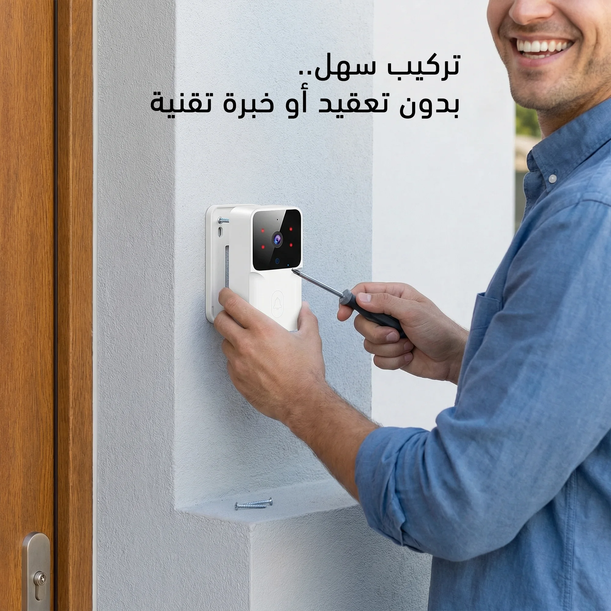 جرس باب بكاميرا فيديو ذكي 3 في 1 للمراقبة برؤية ليلية HD  للامان المنزلي، كاميرا مكالمات ثنائية الاتجاه، تحكم سهل التركيب عن طريق التطبيق