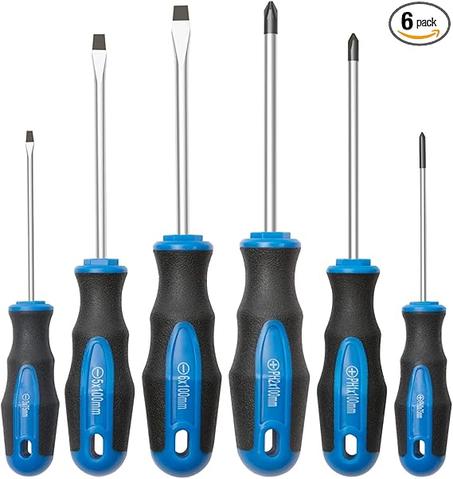 Juego de destornilladores de punta magnética ROTATION de 6 piezas, 3 Phillips y 3 planos, agarre acolchado profesional | Juego de herramientas manuales de 6 piezas