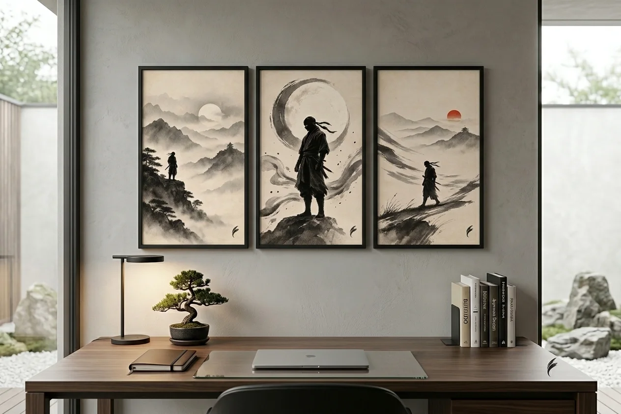 Japanese Ninja Ink Wall Art - Minimalist Sumi-E Triptych Print Set