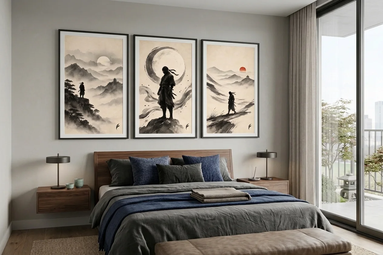 Japanese Ninja Ink Wall Art - Minimalist Sumi-E Triptych Print Set