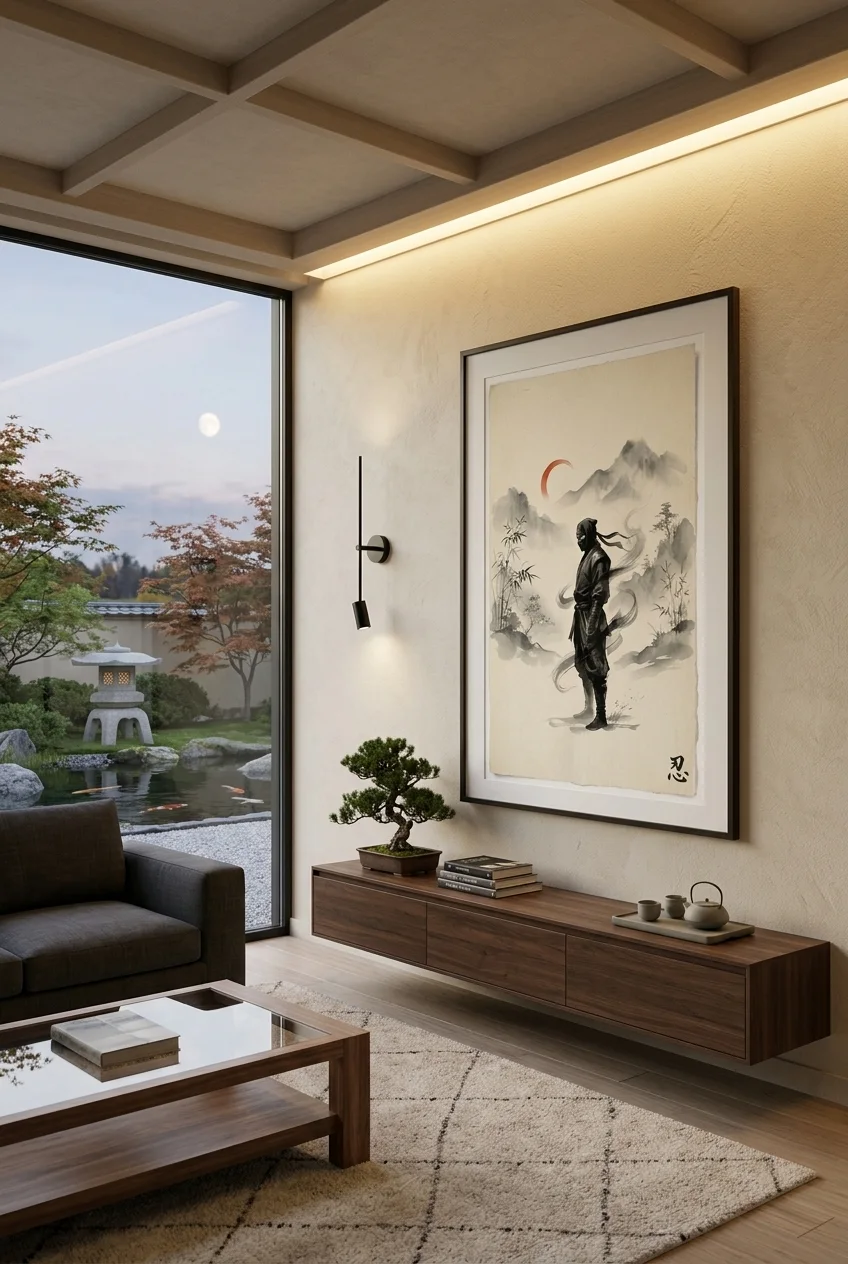 Japanese Ninja Sumi-E Ink Painting - Minimalist Warrior Digital Wall Art