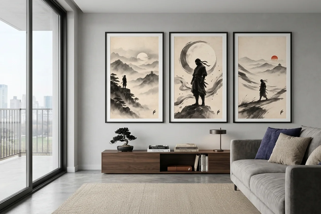 Japanese Ninja Ink Wall Art - Minimalist Sumi-E Triptych Print Set