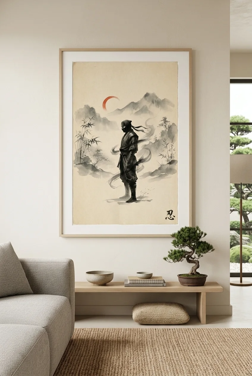 Japanese Ninja Sumi-E Ink Painting - Minimalist Warrior Digital Wall Art