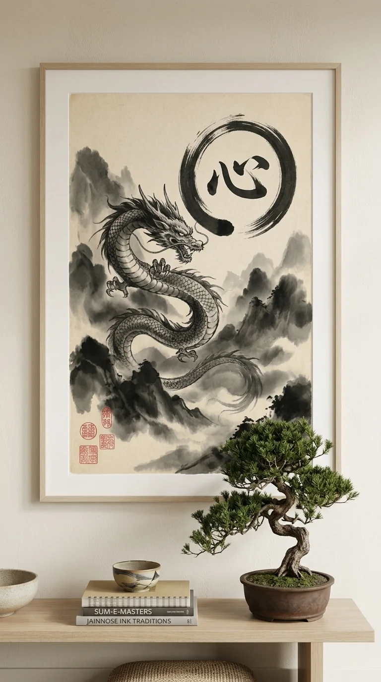 Japanese Dragon Wall Art - Sumi-E Enso Circle Ink Painting Print