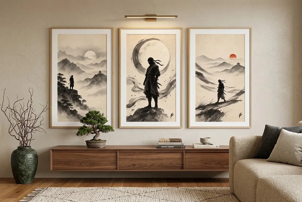 Japanese Ninja Ink Wall Art - Minimalist Sumi-E Triptych Print Set