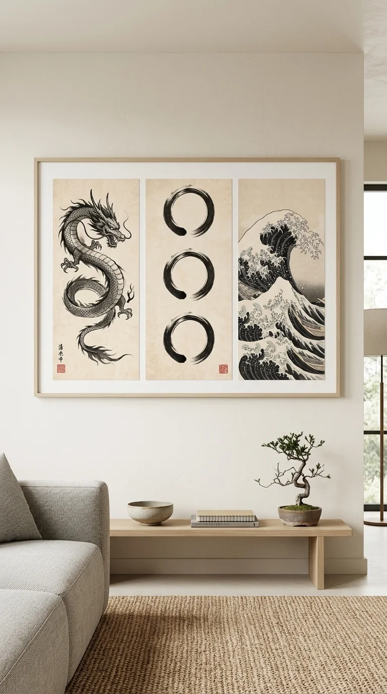 Japanese Wave & Enso Zen Canvas Set - Minimalist Ink Wash Wall Art