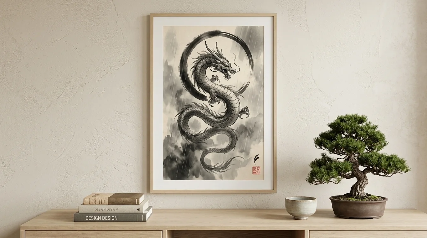Japanese Dragon Wall Art - Sumi-E Enso Circle Ink Painting Print