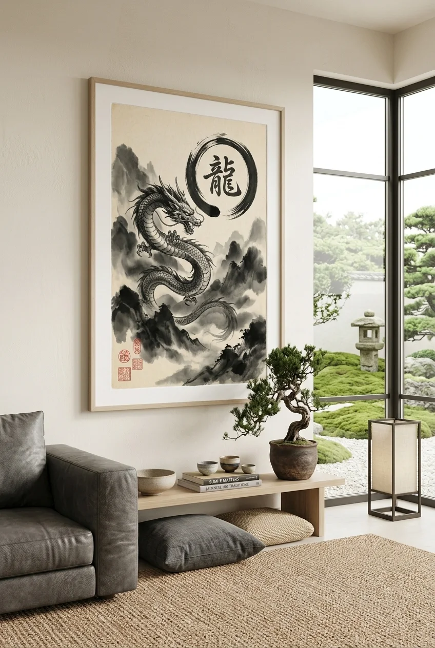 Japanese Dragon Wall Art - Sumi-E Enso Circle Ink Painting Print