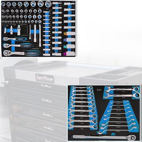 Servante d'atelier Kraft Muller KM-7-6 Bleue/Noir, 265 Outils Inclus avec clé Dynamo - 7 tiroirs & 1 Porte côté, sur roulettes