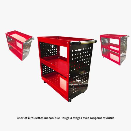 Chariot à roulettes mécanique Rouge 3 étages avec rangement outils