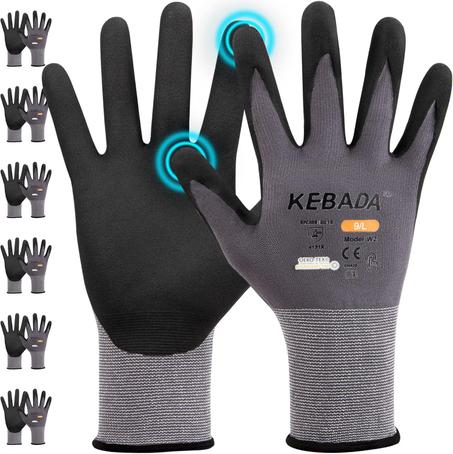 Kebada W2 - Guantes de trabajo unisex, aptos para pantalla táctil, con agarre, elásticos, recubiertos de nitrilo, para jardinería, manejo de paquetes, para trabajo mecánico, 6 pares, talla L