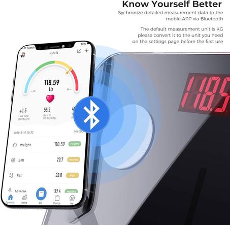 ميزان ومقياس دهون الجسم الذكي والعضلات والبروتين يعمل بالبلوتوث مع تطبيق الهاتف الذكي🤩