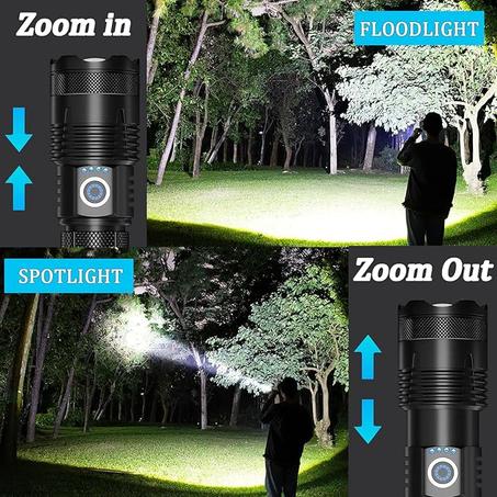 مصباح يدوي LED قابل لاعادة الشحن بقوة 100,000 لومن فائق السطوع مع 5 اوضاع، مصباح يدوي قوي محمول للتخييم والطوارئ من كيه دبليو زد ان او بي