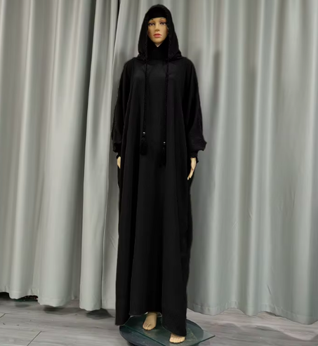 عباية بغطاء رأس مجعدة من البوليستر مع غطاء داخلي – فستان كاجوال للنساء المسلمات