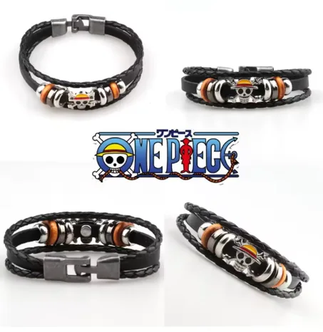 Anime une pièce Pirate Bracelet dessin animé Action Luffy chapeau de paille Punk Style rétro en cuir noir tissé Bracelet jouet cadeau d'anniversaire