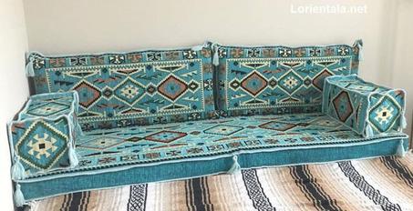 Oriental Floor Seating Sofa, Turquoise Arabic Turkish Moroccan Floor cushions, Kilim Couch