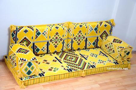 Oriental Floor Seating Sofa, Yellow Arabic Turkish Moroccan Floor cushions, Kilim Couch