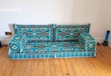 Oriental Floor Seating Sofa, Turquoise Arabic Turkish Moroccan Floor cushions, Kilim Couch