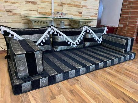 Oriental Floor Seating Sofa, Black Arabic Turkish Moroccan Floor cushions, Kilim Couch