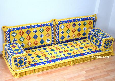 Oriental Floor Seating Sofa, Yellow Arabic Turkish Moroccan Floor cushions, Kilim Couch