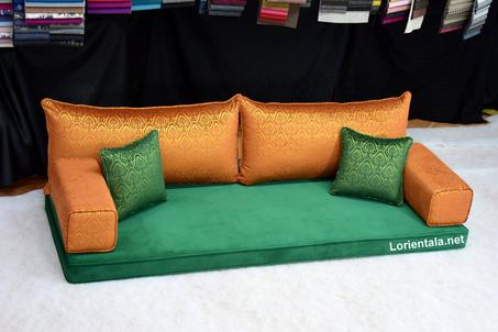Velvet Green Orange Floor seating sofa living room, Arabic Oriental Moroccan Home Decor Couch