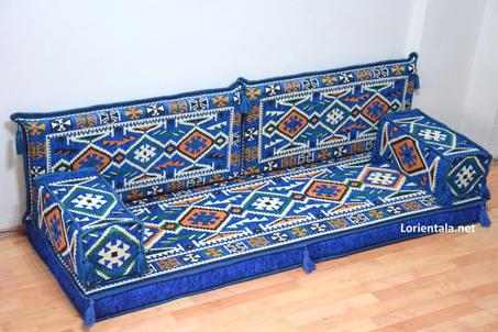 Oriental Floor Seating Sofa, Blue Arabic  Color Turkish Moroccan Floor cushions, Kilim Couch