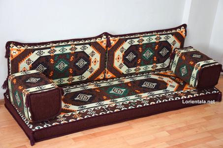 Oriental Floor Seating Sofa, Brown Arabic Turkish Moroccan Floor cushions, Kilim Couch
