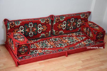 Oriental Floor Seating Sofa, Red  Green Arabic Turkish Moroccan Floor cushions, Kilim Couch
