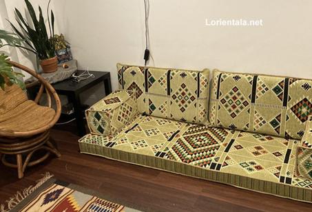 Oriental Floor Seating Sofa, Green Arabic Turkish Moroccan Floor cushions, Kilim Couch