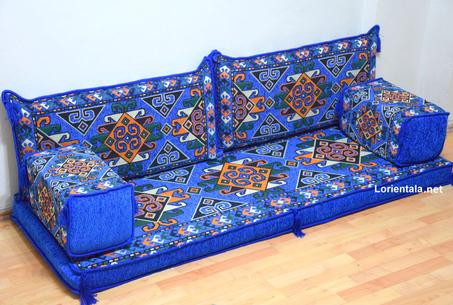 Oriental Floor Seating Sofa, Blue Arabic Turkish Moroccan Floor cushions, Kilim Couch