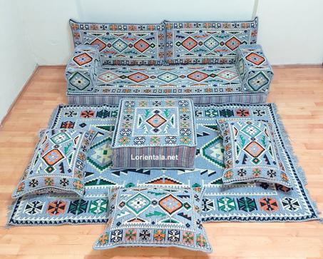Oriental Floor Seating Sofa, Gray white Arabic Turkish Moroccan Floor cushions, Kilim Couch