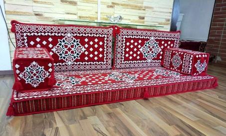 Oriental Floor Seating Sofa, Red Arabic Turkish Moroccan Floor cushions, Kilim Couch