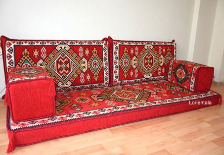 Oriental Floor Seating Sofa, Red Arabic  Color Turkish Moroccan Floor cushions, Kilim Couch