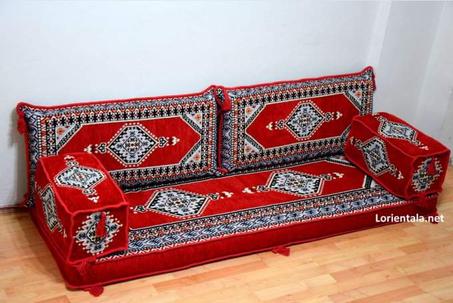 Oriental Floor Seating Sofa, Gray Red Arabic Turkish Moroccan Floor cushions, Kilim Couch