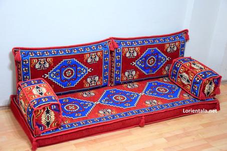 Oriental Floor Seating Sofa, Red blue Arabic Turkish Moroccan Floor cushions, Kilim Couch