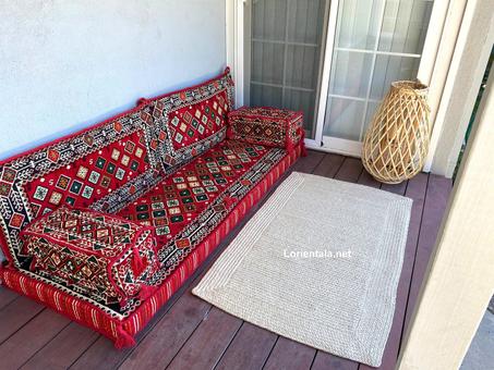 Oriental Floor Seating Sofa, Red Gray Arabic Turkish Moroccan Floor cushions, Kilim Couch
