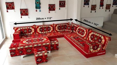 L SHAPED Orange Oriental Floor Seating Sofa Arabic Cushions Turkish Moroccan Home Decor