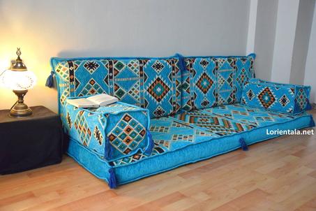 Oriental Floor Seating Sofa, Sky blue Arabic Turkish Moroccan Floor cushions, Kilim Couch